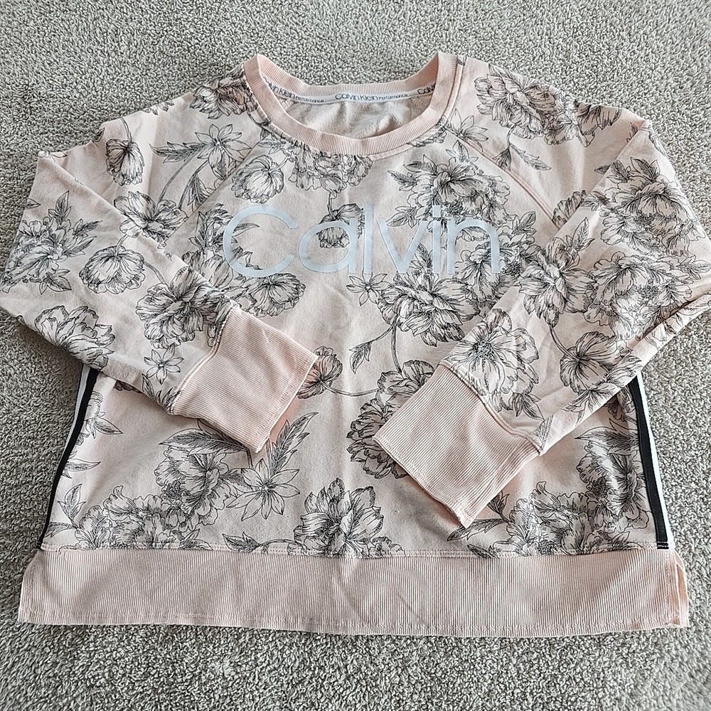 Calvin Klein Floral Print Sweatshirt Varsity Stripe "Calvin" Cropped Light Pink